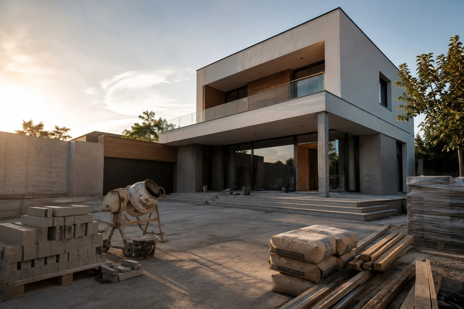 Moderný rodinný dom počas stavebných a dokončovacích prác